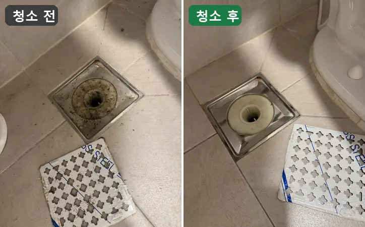 욕실 배수구 청소 전·후